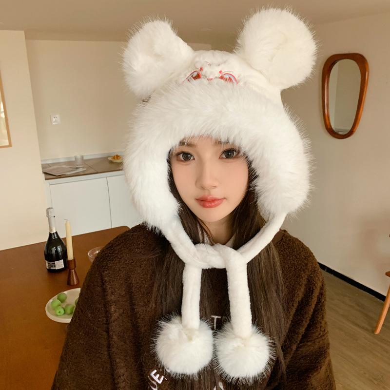 Autumn and winter new Guochao embroidered ear protector children's outdoor warm baotou lion plush headgear