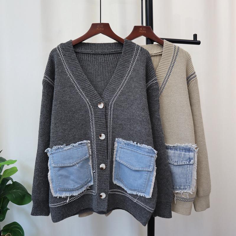 Autumn and winter new splicing denim pocket sweater jacket high-end loose and versatile knitted cardigan women