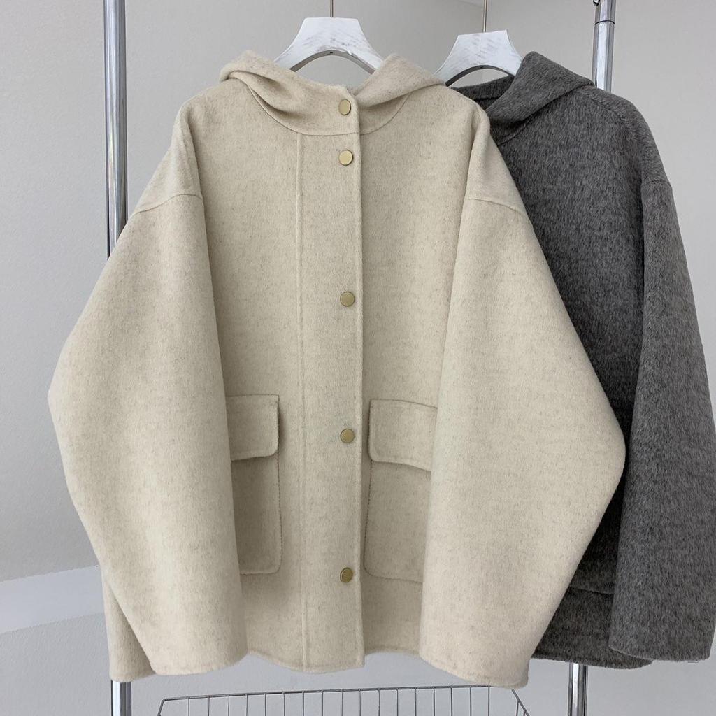 Plus Size Hooded Loose Wool Coat with Plush Lining - Women's Trendy Winter Cape Jacket.