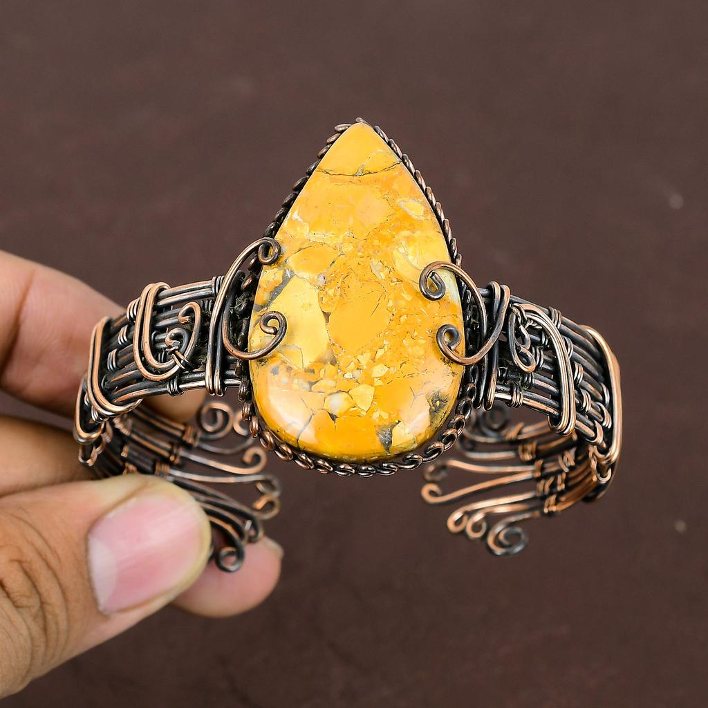 Natural Brecciated Mookaite Handmade Copper Wire Wrap Bangle Adjustable W5N45