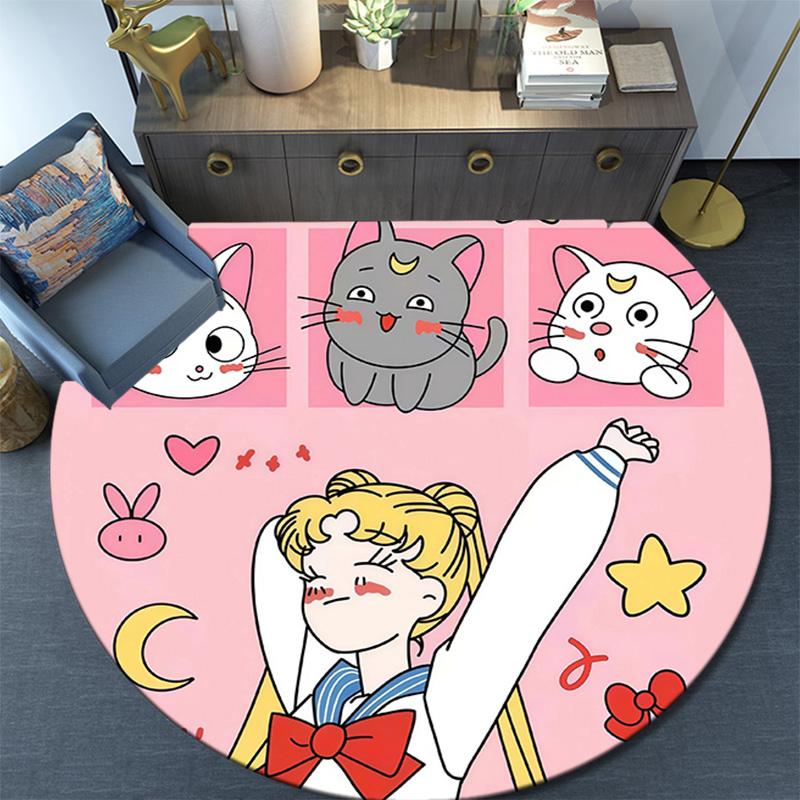 Sailor Moon Round Area Rug,Carpet Rug for Living Room Bedroom Sofa Playroom Decor,Non-slip Floor Mat