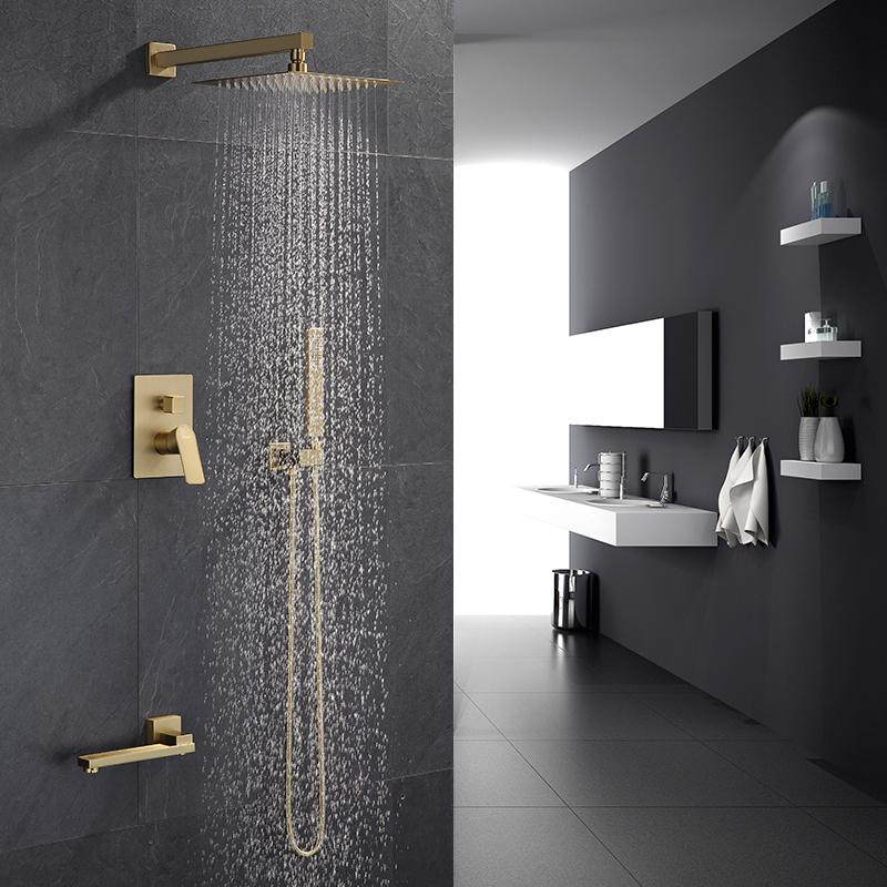 Badezimmer Duschset Schwarz/Gebürstetes Gold Quadratische Regendusche Duscharmatur Wand- oder Deckenmontage Duschmischer 12" Duschkopf