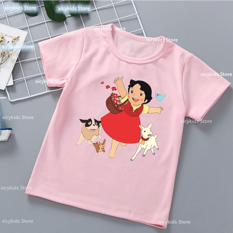 Kawaii Girls T-Shirt Funny Heidi And Family Cartoon Print Kids Summer Shirt Tops Fashion Girls Clothes Cute Kids Clothes Tshirt