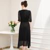 TUHUANG Women's 100% Mulberry Silk French Retro V-Neck Puff Sleeve Dress