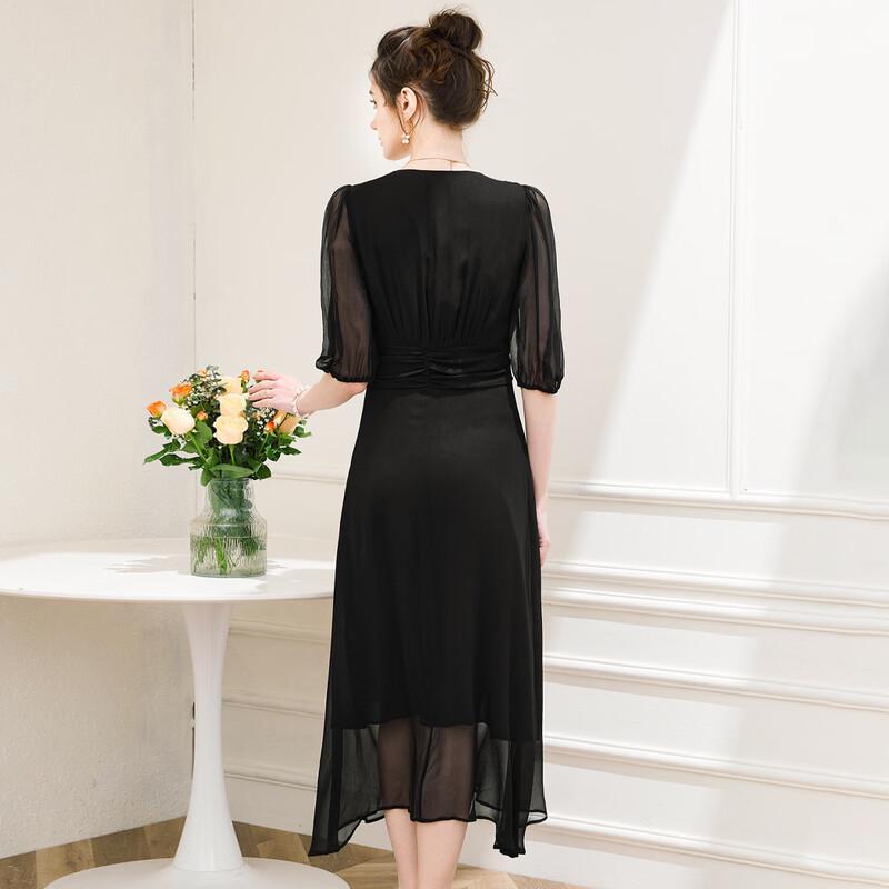 TUHUANG Women's 100% Mulberry Silk French Retro V-Neck Puff Sleeve Dress