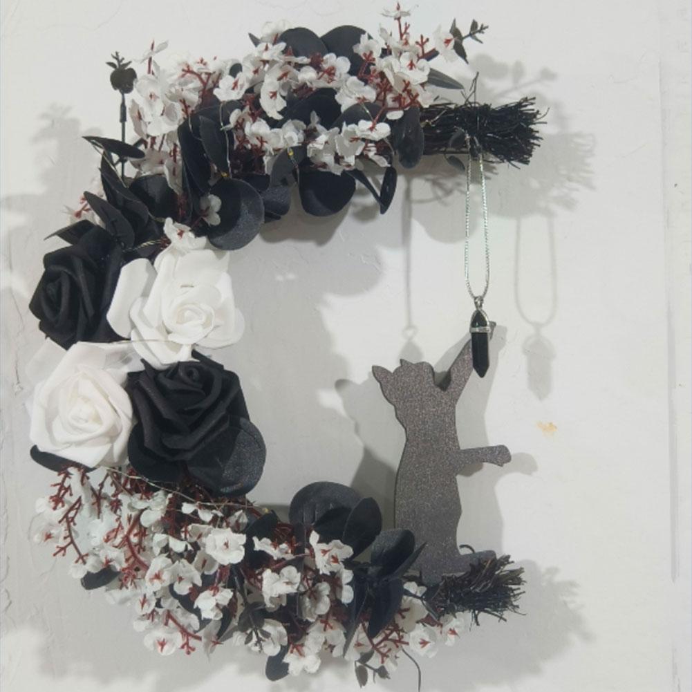 2025 Halloween Moon Cat Wreath Rose Black Door Wall Hanging Decoration Wreath Festival Party Decoration Household Items