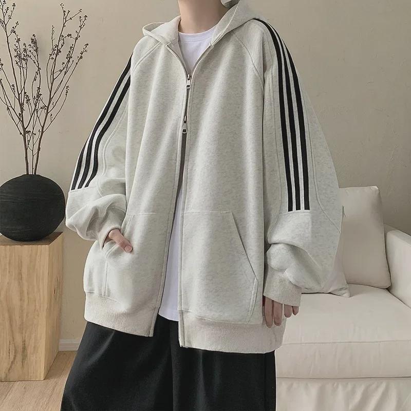 Унисекс Полосатый Кардиган С Капюшоном - Плотная Куртка Весна/Осень