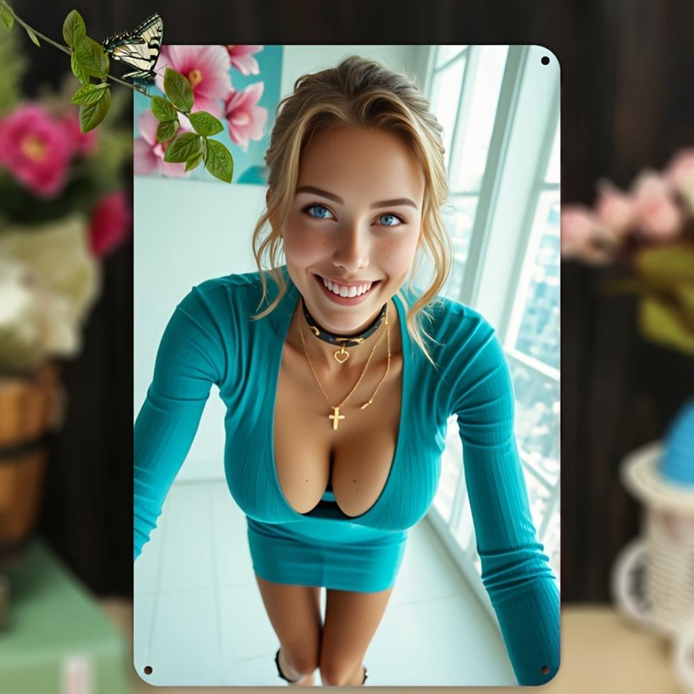 Vintage Blue Metal Wall Sign 8x12 Inch - Smiling Lady & Flower 2D Design, Home Decor for Living Room Bedroom Festival Hanging De