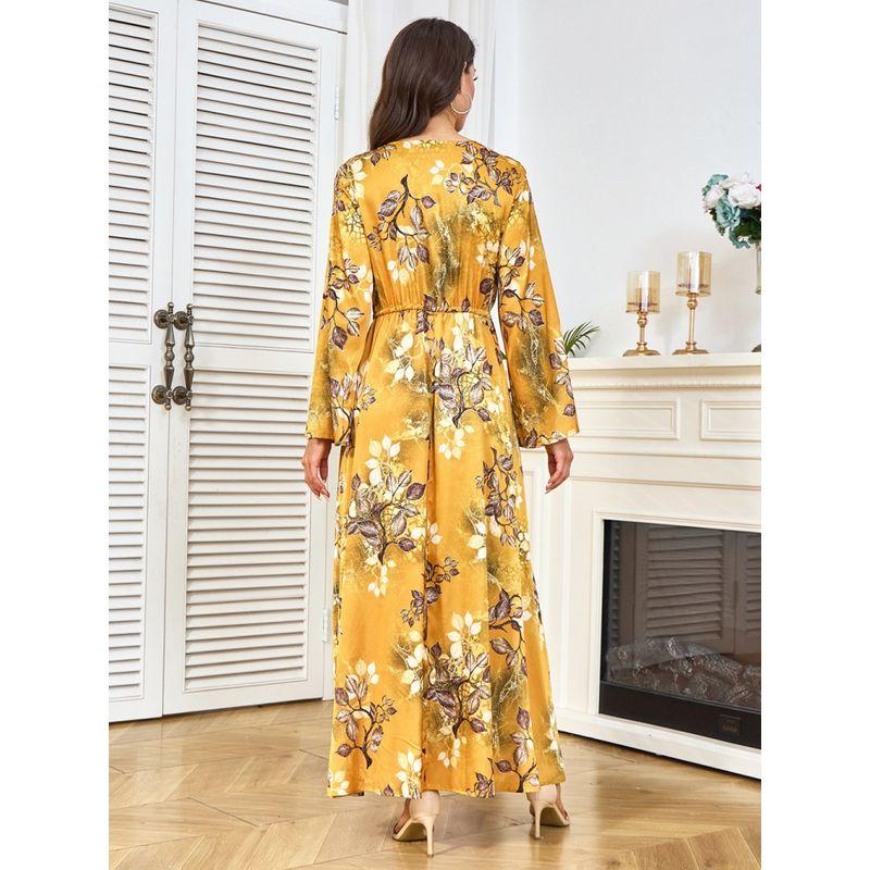 2025 Middle East Robe New Print European and American Yellow Waist Hugging Slimming Long sleeve Big Hemline Dubai Dress Dress