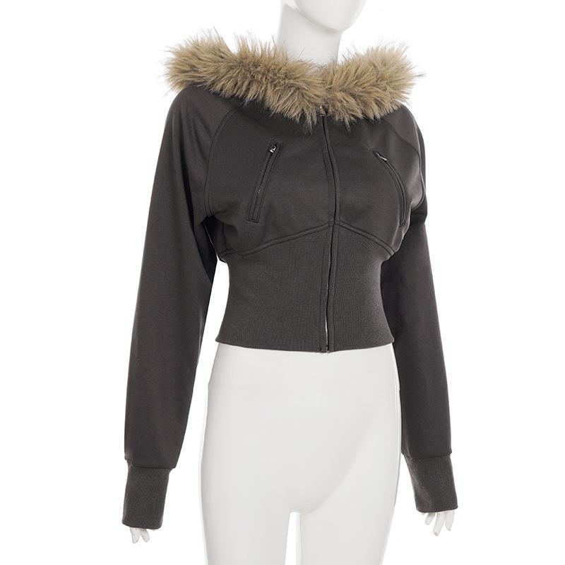Retro American Street Style Slimming Hooded Zip-up Sweatshirt with Drawstring Waist