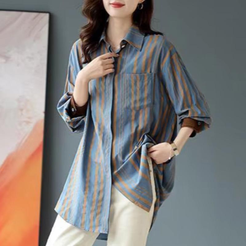 Spring Autumn Vintage Striped Print Loose Casual Cotton Shirt Ladies Long Sleeve Elegant All-match Blouse Femme Cardigans Tops