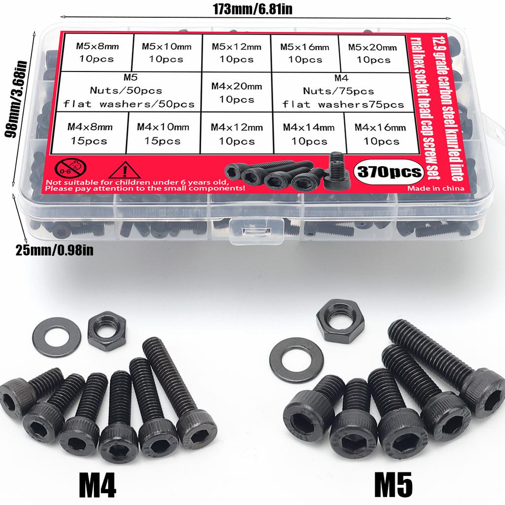 370pcs/12.9 Grade Black Hex Socket Head Cap Screws, Nuts, and Flat Washers Set; DIN912 Metric Bolt Fastener Set; M4 and M5 Bolts