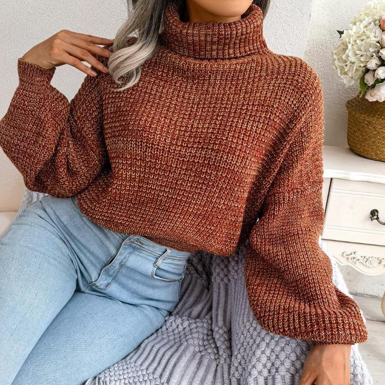 Women Loose Knit Turtleneck Sweater Long Sleeve All Match Fall Winter Mixed Color Lantern S-L