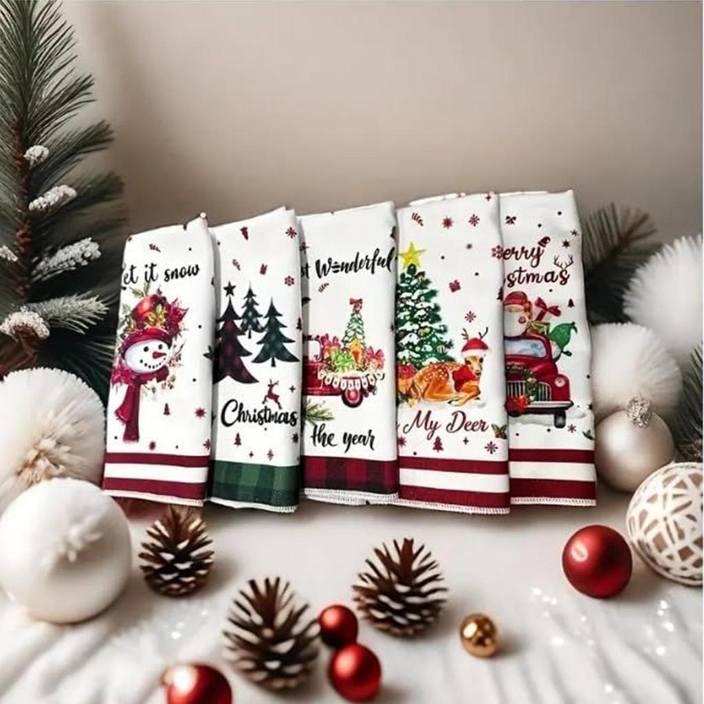 5 Stück Weihnachts-Küchentücher Festliches Geschirrtuch Weihnachtsmann Elch Schneemann Wichtel Weihnachtstücher für Feiertagsparty Zuhause Essen