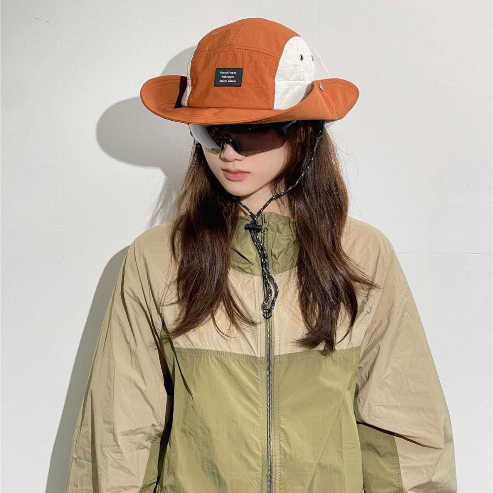 Splicing Color Wide Brim Sun Hat Cotton Hiking Hat Fashion Drawstring Fisherman Hat Camping