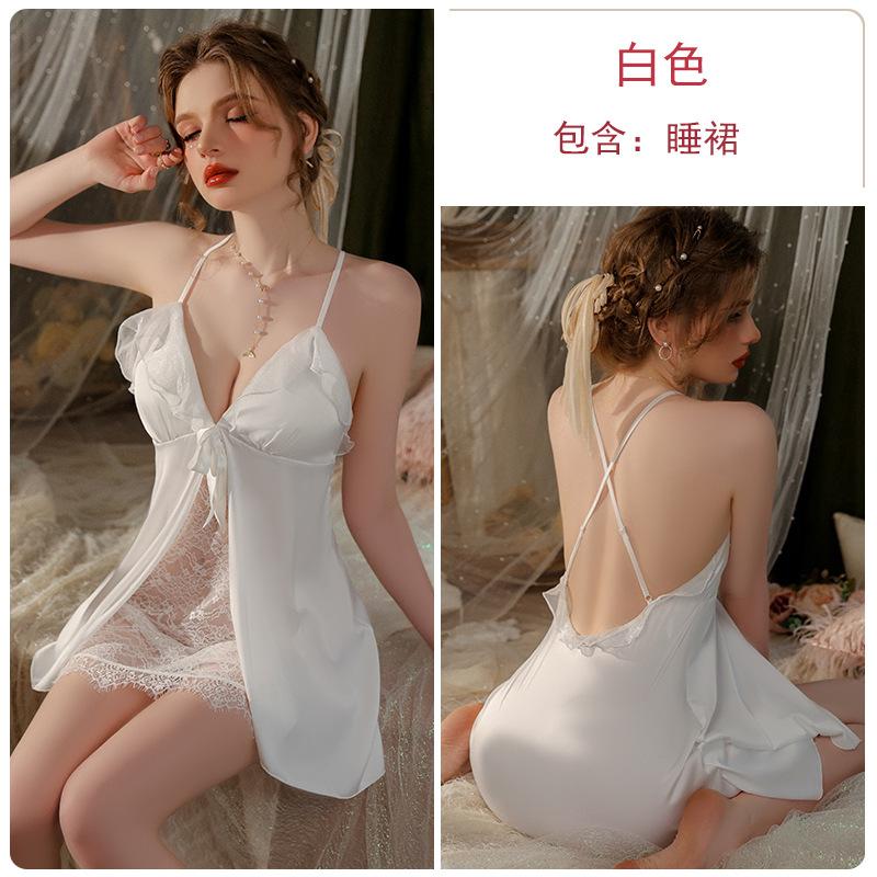 Women's Satin Lace Deep V Padded Cross Backless Sleep Dress with Robe Lounge Set
