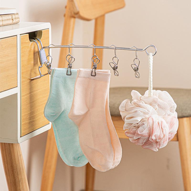 Windproof Stainless Steel Clothesline Clips & Double Hook Sock/Shoe Drying Rack