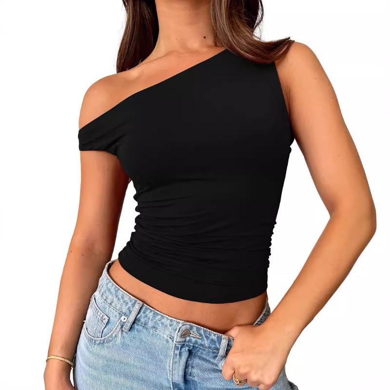 Women one shoulder asymmetrical short sleeve ruched crop top solid black slim casual tee