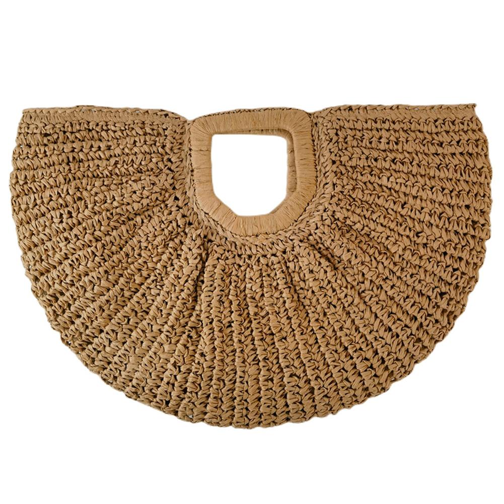 Straw Handbags Handwoven Beach Top-Handle Bags Hollow Out Stripe Tote Hand Bags Large Capacity Half-Moon Bag for Vacation Travel
