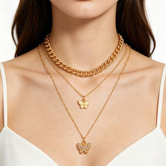 3-Layered Butterfly Necklace Women Pendant Necklace Rhinestone Butterfly Chunky