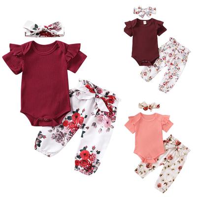 3PCS Summer Infant Baby Girl Clothes Set Romper Tops Flower Pants Headband Outfit 0-18M