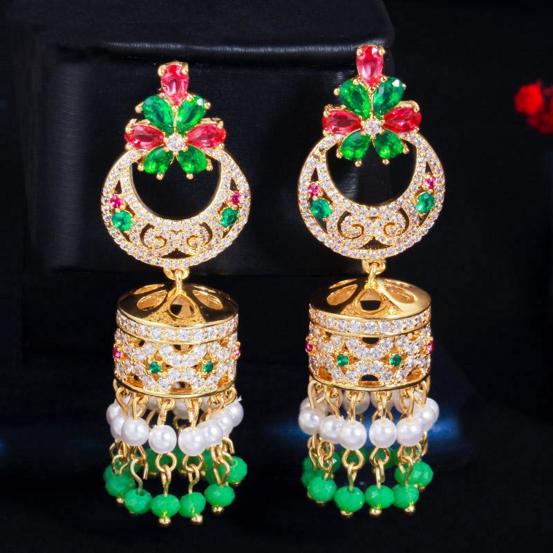 

WWJ Золотой цвет с кубическим цирконием, длинные свисающие бусины с кисточками, этнические серьги разноцветный