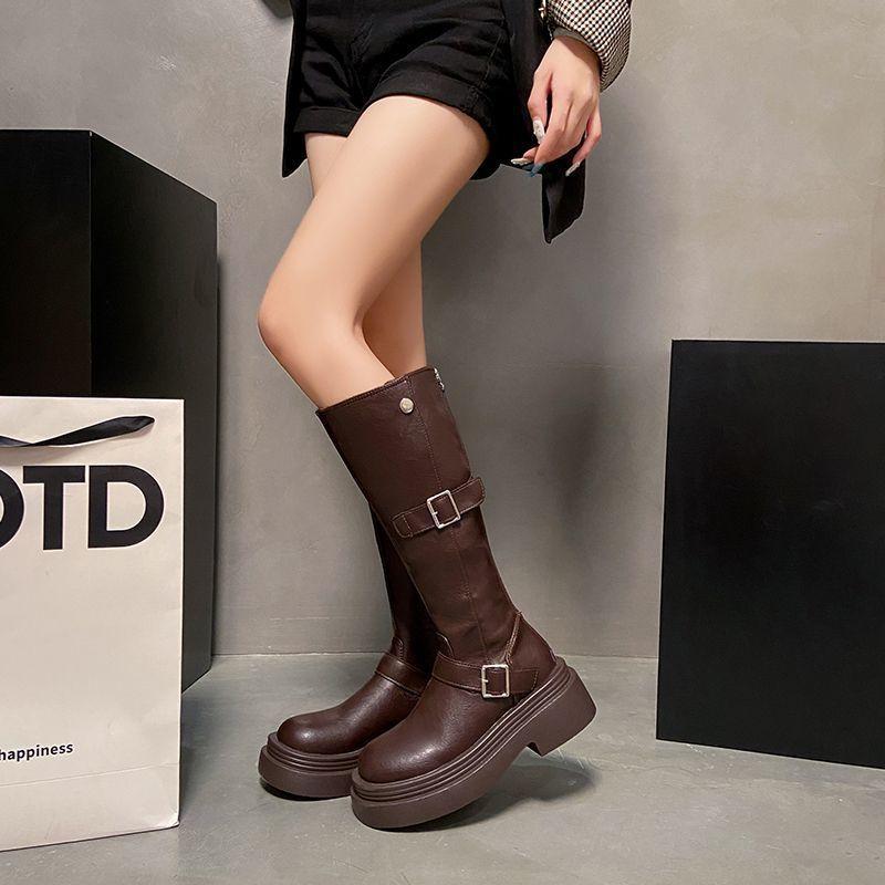 Thick heel thick sole thin elastic boots tall knight boots brown small boots women's 2025 new autumn and winter