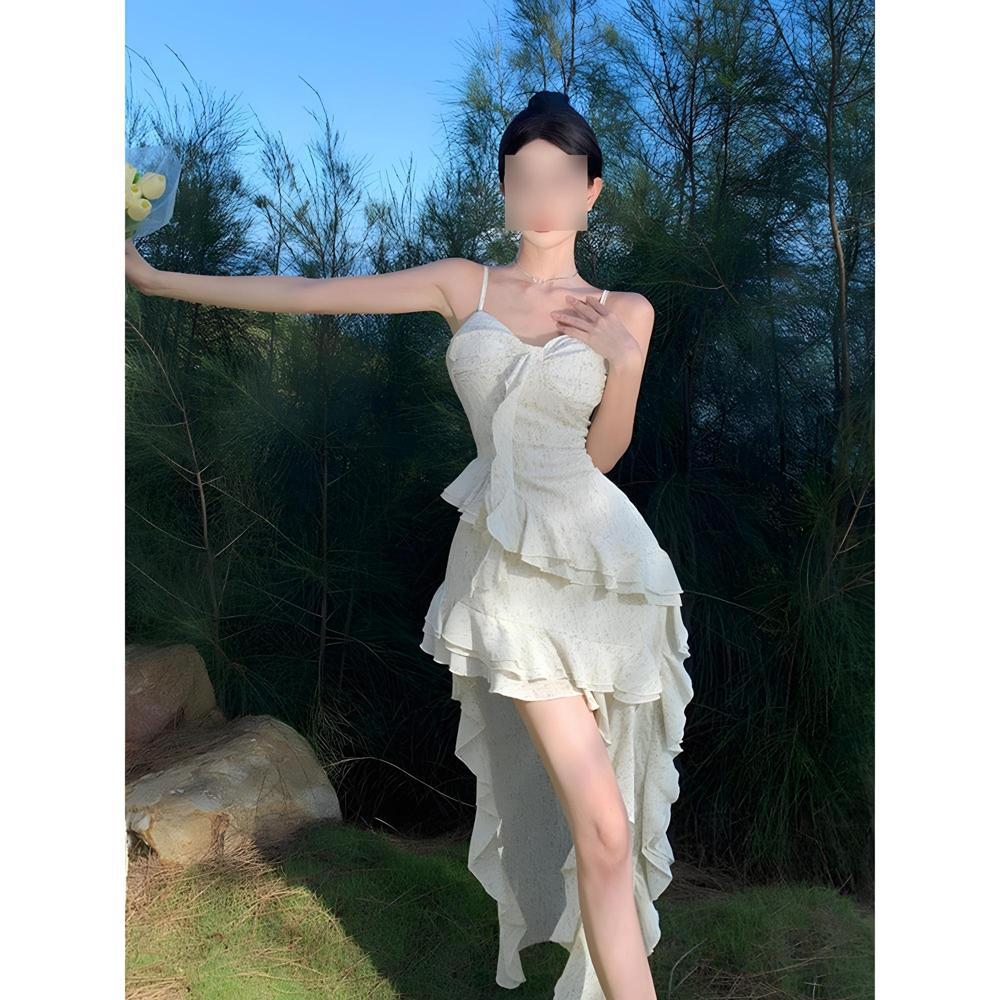 Lotus leaf edge floral suspender dress women's summer irregular hem vacation long skirt