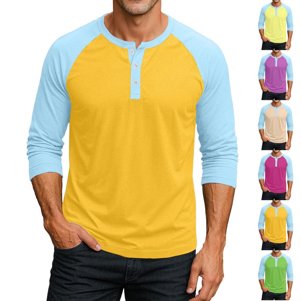 Men's Button-Down Contrast Raglan 3/4 Sleeve Top