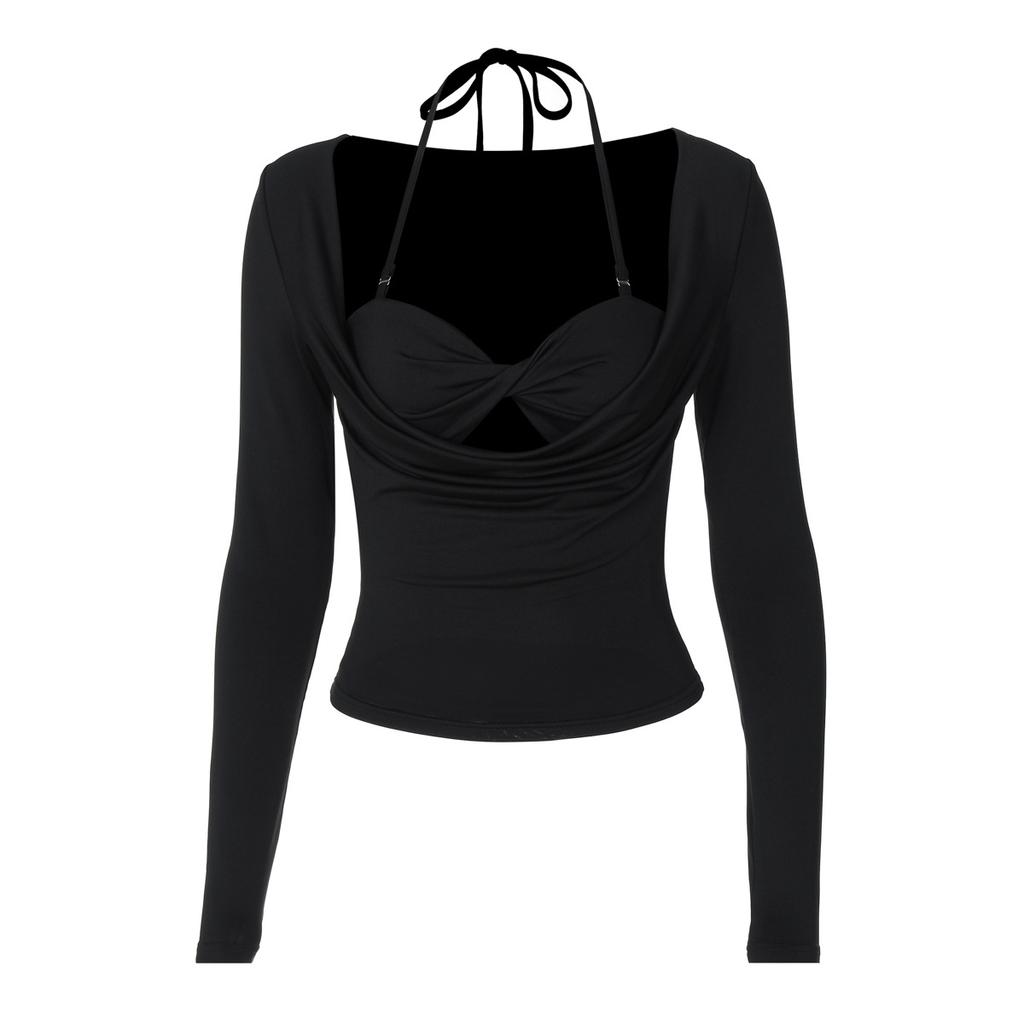 European and American ins style women's clothing autumn new fashion sexy spice girl hanging neck with open navel long-sleeved top