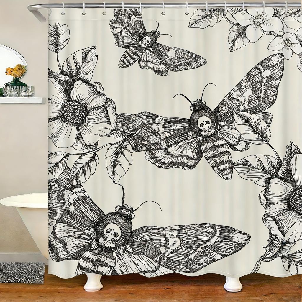Vintage Moth & Floral Sketch Waterproof Shower Curtain for Bathroom Decor
