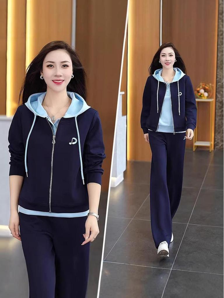 Women's Plus Size Hooded Sportswear Set - Spring/Autumn, Stylish, Youthful Fake Two-Piece, Loose, Fashionable Sweatshirt Two-Piece