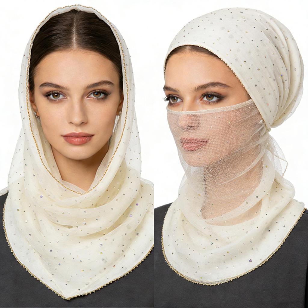 80cm Glitter Rhinestone Square Scarf, Sparkly Mesh Head Wrap for Women