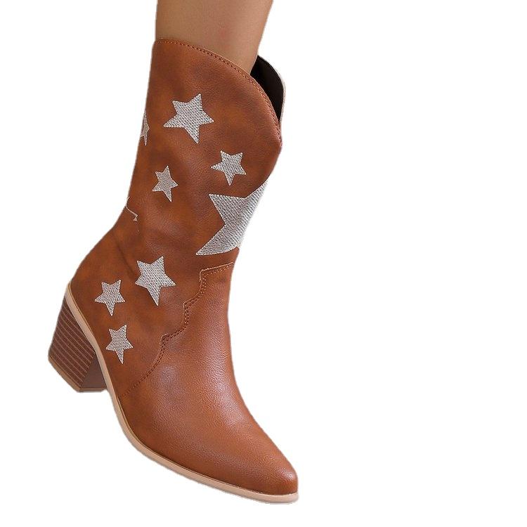 New Women's Embroidered Western Knee High Boots Cowboy Cowgirl Boots Chunky Heel Platform Boots Women Western Shoes