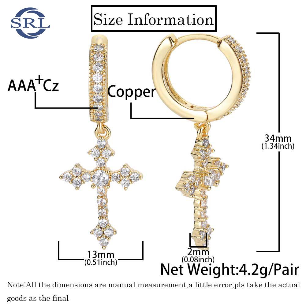 Luxury Cubic Zirconia Huggie Cross Earrings Hip Hop Icy Bling Jewelry Geometric Shape Gift Made Brass 18k