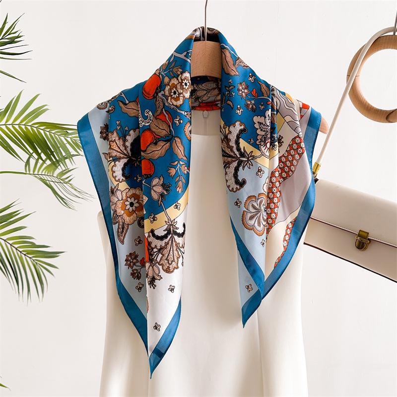 New floral small square scarf imitation silk scarf headscarf women's spring and summer scarf printed neck protection scarf professional scarf