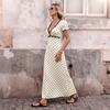 New Retro-style Long Dress with Patchwork of Polka Dots and Lace, Featuring A Deep V-neck and Backless Design.