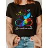Awareness Butterfly & Letter Print T-Shirt - Soft, Short Sleeve Crew Neck Casual Top for Women, Perfect for Spring & Summer, Colorful Feathers