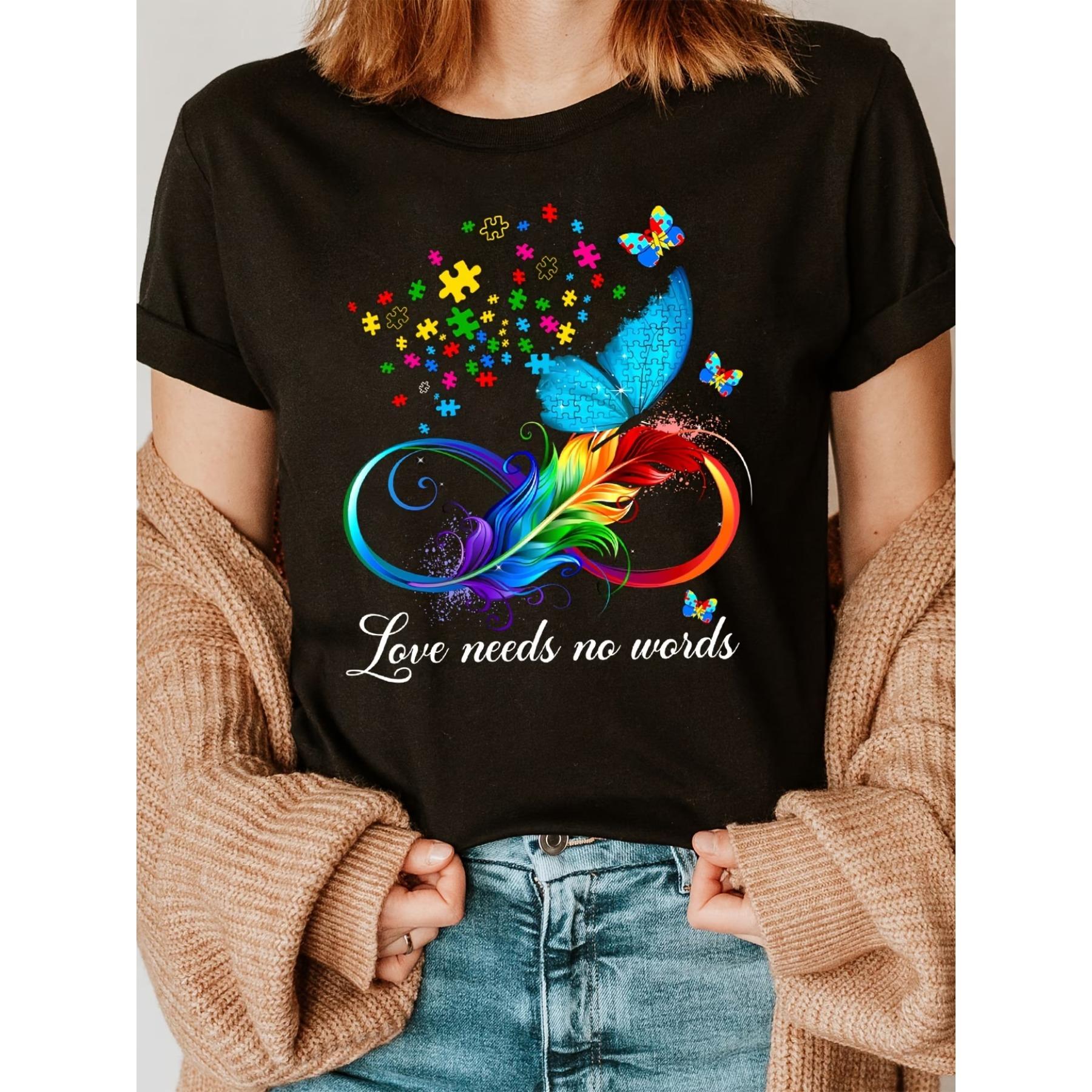 

Awareness Butterfly & Letter Print T-Shirt - Soft, Short Sleeve Crew Neck Casual Top for Women, Perfect for Spring & Summer, Colorful Feathers S чёрный