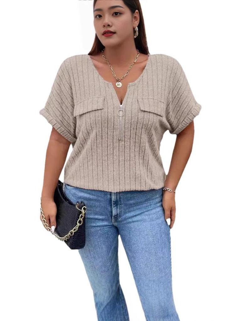 2025 Spring/Summer Plus Size Women's Solid Color Zipper Short Sleeve Fake Pocket Loose Pullover Top