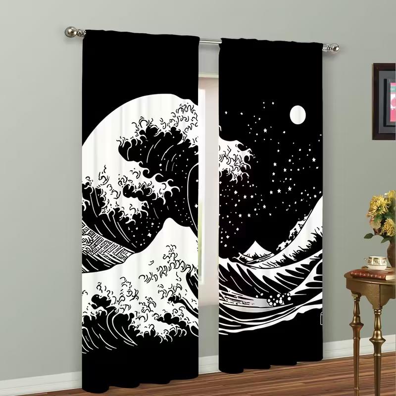 2 Pcs Waves of Kobe Bay Print Curtains,suitable for Bedroom,living Room Kitchen Decoration,home Decoration,window Decoration