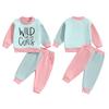 Little Girl Contrast Color Outfit, Letter Print Mock Neck Long Sleeve Sweatshirt Elastic Waist Pants 2 Piece Fall Set