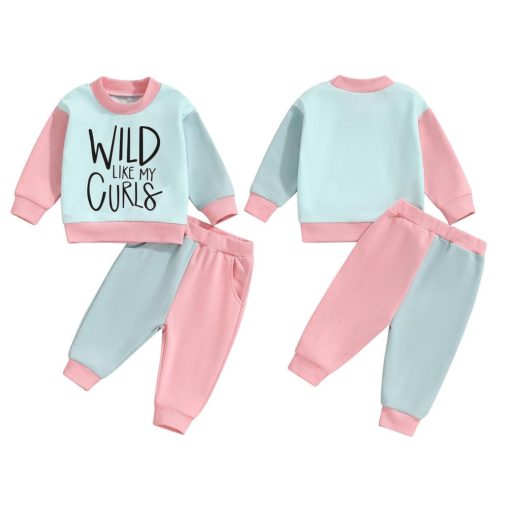 Little Girl Contrast Color Outfit, Letter Print Mock Neck Long Sleeve Sweatshirt Elastic Waist Pants 2 Piece Fall Set