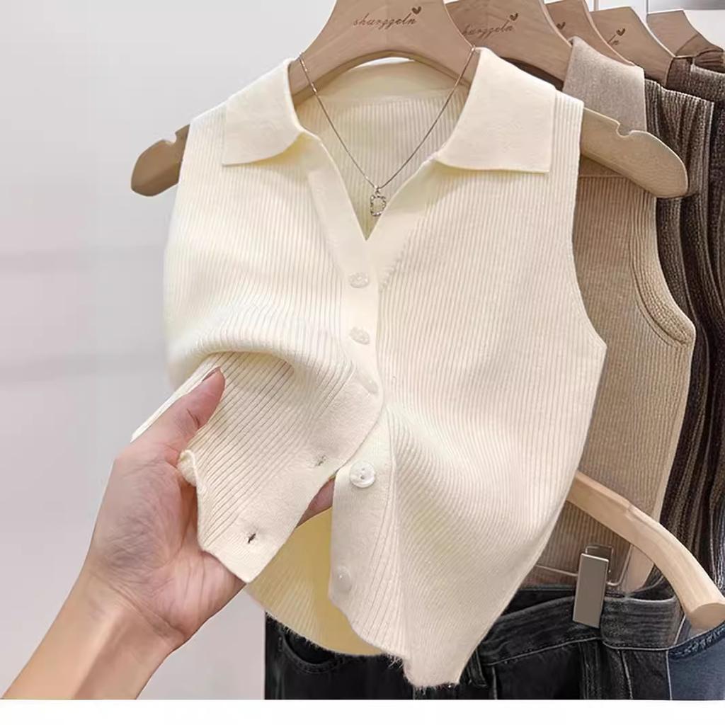 Polo lapel thin slim sling outer vest women's summer chic ice silk knitted vest sleeveless small top