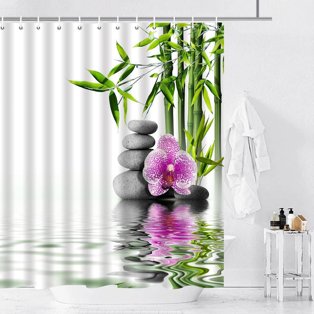 Zen Shower Curtains Green Bamboo Purple Flower Stone Reflection Water Landscape Spa Garden Pattern Print Bathroom Accessories