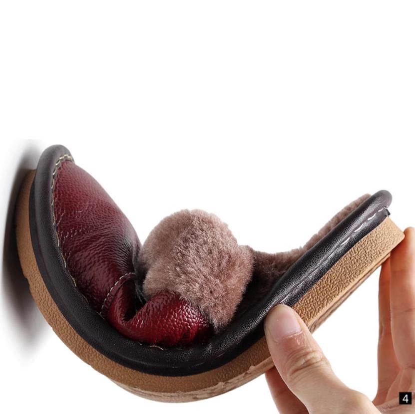 Winter Fleece Warm Puff Slippers Cow Split Leather Unisex Slippers Slip On Soft Bedroom Indoor Flats Men Women Padded Warm Slippers Shoes