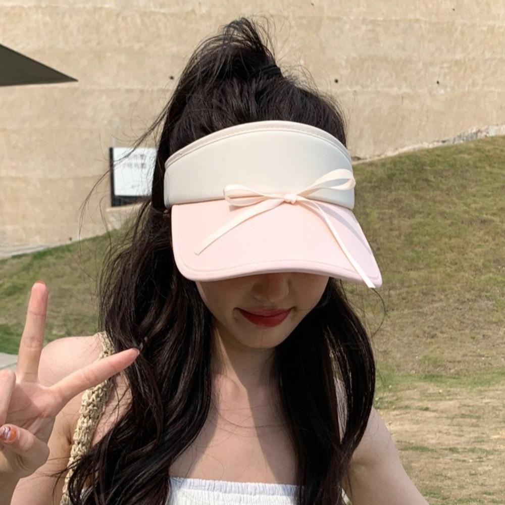 

Ribbon Bow Sun Hat Anti-UV Bowknot Visor Cap Simple Empty Top Cap Beach рожевий