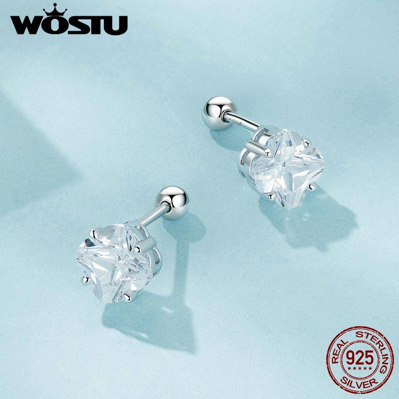 WOSTU 925 Sterling Silver Four-leaf Clover Stud Earrings with Zircon for Women Girl Fine Jewelry Party Daily Date Lucky Gift