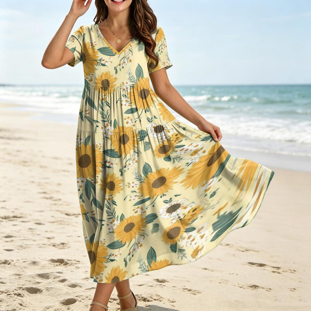 Women Casual Loose Bohemian Floral Dress Short Sleeve Long Maxi Summer Beach Swing Dress