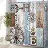 1pc Rustic Wooden Shower Curtain - Vintage Western Farmhouse, Barn Door & Wheel Design, Shabby Chic Sunflower,  Bathroom Decor